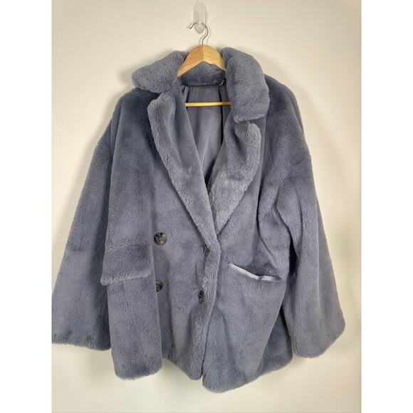 Free People Solid Kate Faux Fur Coat in the Sky in Gray/Blue, Size Large - Picture 2 of 8